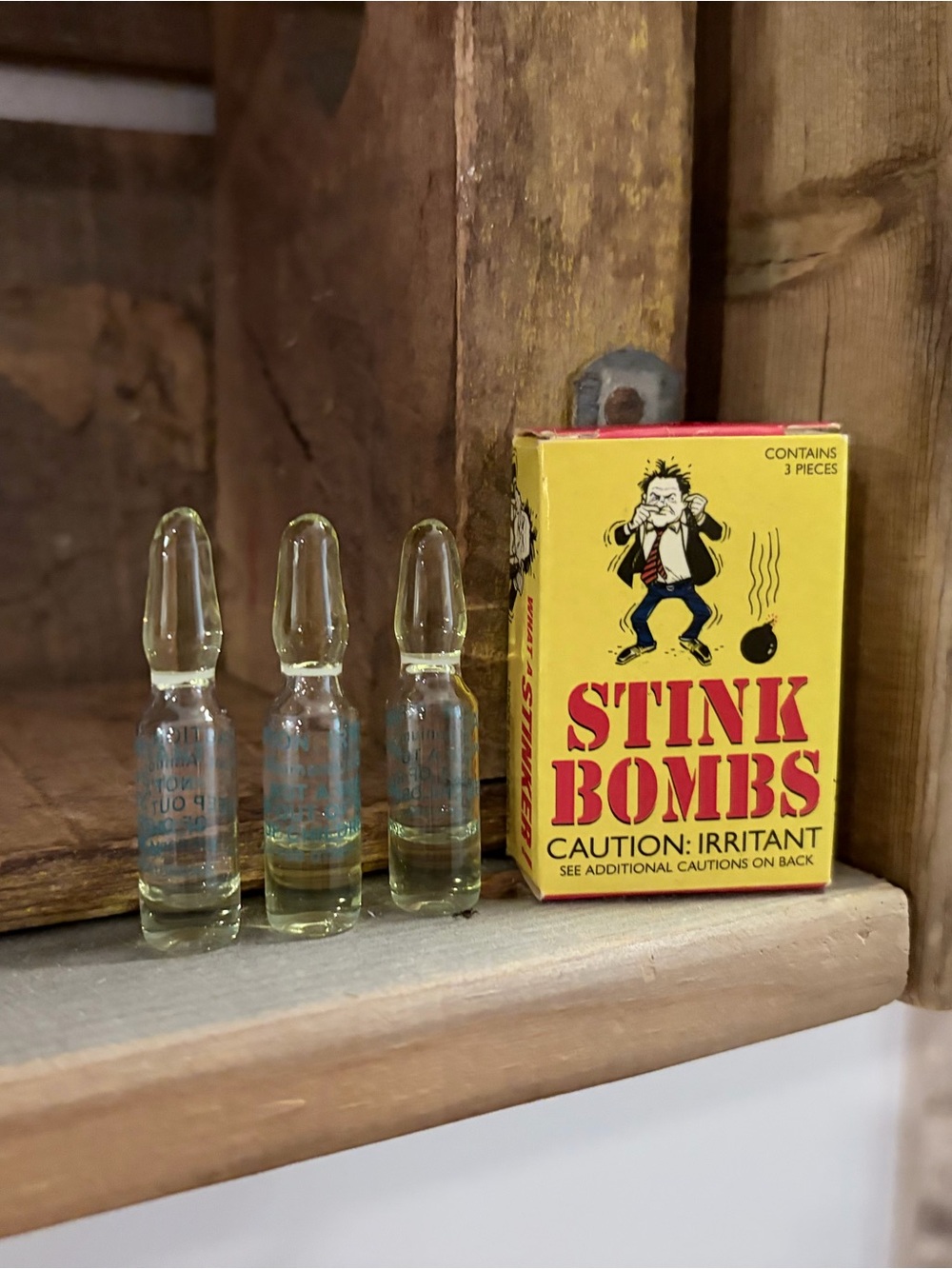 Vintage Stink Bombs Prank Box with 3 Glass Vials
